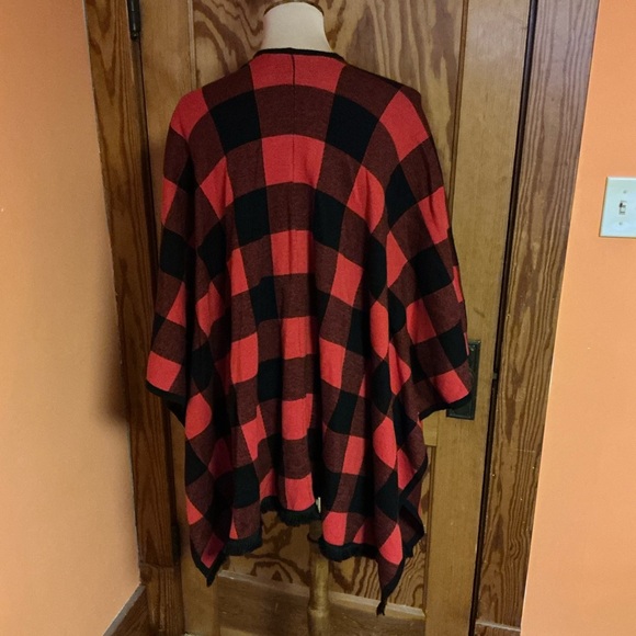 Kensie Red Black Buffalo Plaid Open Front Poncho Wrap One Size NWT - Picture 6 of 11
